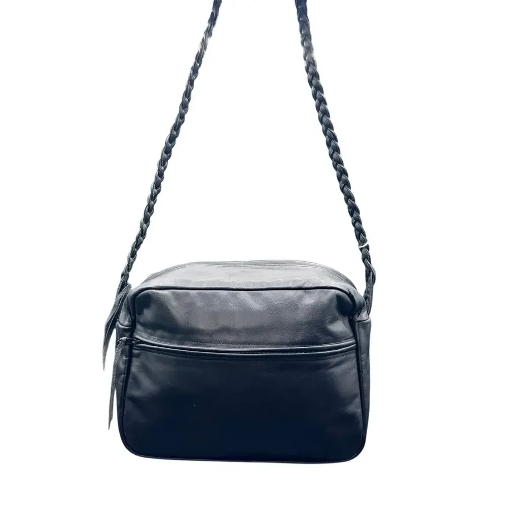 Handmade Black Leather Crossbody Shoulder Bag Braided Strap Zip Top